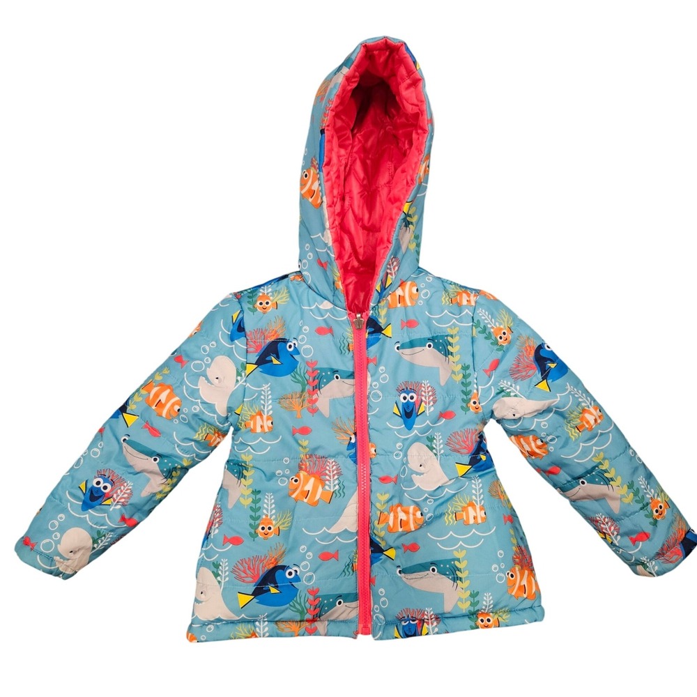 Disney Finding Nemo Dory Reversible Puffer Jacket Kids Blue Orange Coral‎ size 3
